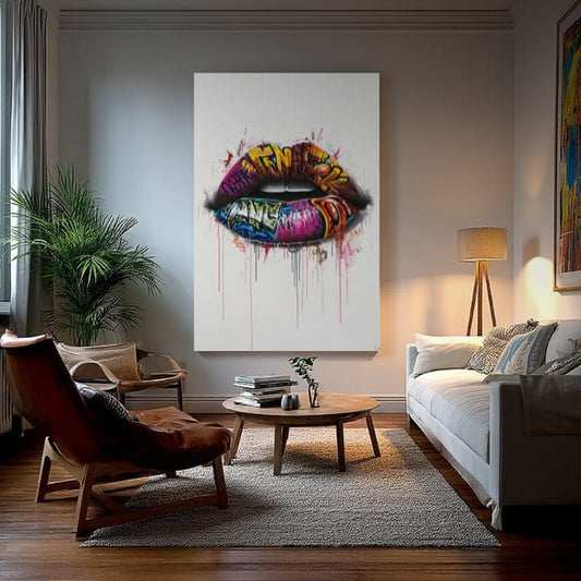Модерна картина на платно с мотив Graffiti Lips, графити в бяло-розово нюанси, енергична атмосфера | Картина Graffiti Lips – продукт