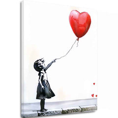 Модерна картина на платно с мотив Heart Balloon Girl, балон, сърце в бяло-черно нюанси, меланхолична атмосфера, nádej | Картина Heart Balloon Girl – основна