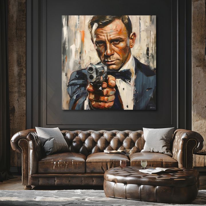 Модерна картина на платно с мотив James Bond - Nebezpečná елегантност в оранжево нюанси, интензивна атмосфера, филмов свят | Картина James Bond - Nebezpečná елегантност – продукт, изглед 2