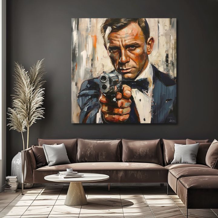 Модерна картина на платно с мотив James Bond - Nebezpečná елегантност в оранжево нюанси, интензивна атмосфера, филмов свят | Картина James Bond - Nebezpečná елегантност – продукт