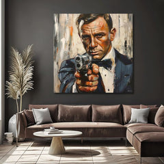 Модерна картина на платно с мотив James Bond - Nebezpečná елегантност в оранжево нюанси, интензивна атмосфера, филмов свят | Картина James Bond - Nebezpečná елегантност – продукт