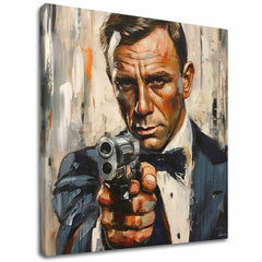Модерна картина на платно с мотив James Bond - Nebezpečná елегантност в оранжево нюанси, интензивна атмосфера, филмов свят | Картина James Bond - Nebezpečná елегантност – основна