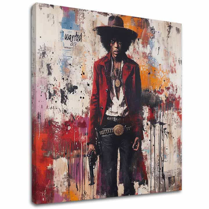 Модерна картина на платно с мотив Jimi Hendrix - Divoký západ v akryle в бяло-червено нюанси, дръзка атмосфера, рок енд рол и музикална история – основна