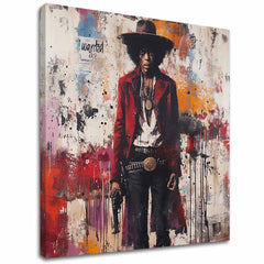 Модерна картина на платно с мотив Jimi Hendrix - Divoký západ v akryle в бяло-червено нюанси, дръзка атмосфера, рок енд рол и музикална история – основна