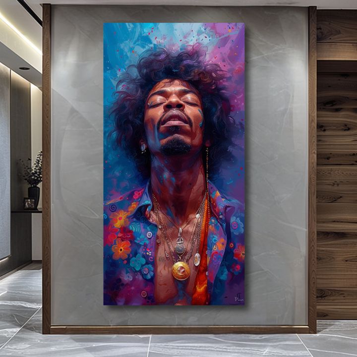 Модерна картина на платно с мотив Jimi Hendrix - Explózia harmónie в синьо-златно нюанси, спокойна атмосфера, духовност | Картина Jimi Hendrix - Explózia harmónie – продукт