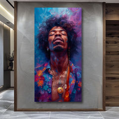 Модерна картина на платно с мотив Jimi Hendrix - Explózia harmónie в синьо-златно нюанси, спокойна атмосфера, духовност | Картина Jimi Hendrix - Explózia harmónie – продукт