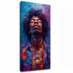 Модерна картина на платно с мотив Jimi Hendrix - Explózia harmónie в синьо-златно нюанси, спокойна атмосфера, духовност | Картина Jimi Hendrix - Explózia harmónie – основна