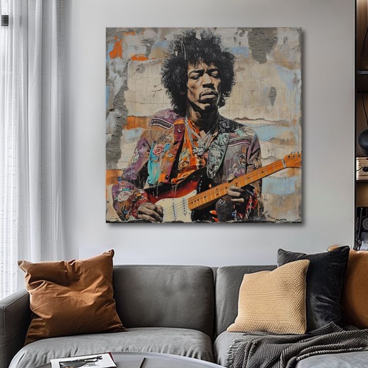Модерна картина на платно с мотив Jimi Hendrix - Gitarová poézia в синьо нюанси, музикална история | Картина Jimi Hendrix - Gitarová poézia – продукт