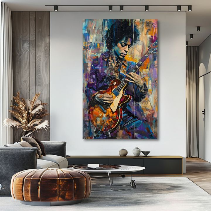 Модерна картина на платно с мотив Jimi Hendrix - Gitara v plameňoch в виолетово-бяло нюанси, енергична атмосфера, креативност | Картина Jimi Hendrix - Gitara v plameňoch – продукт, изглед 2