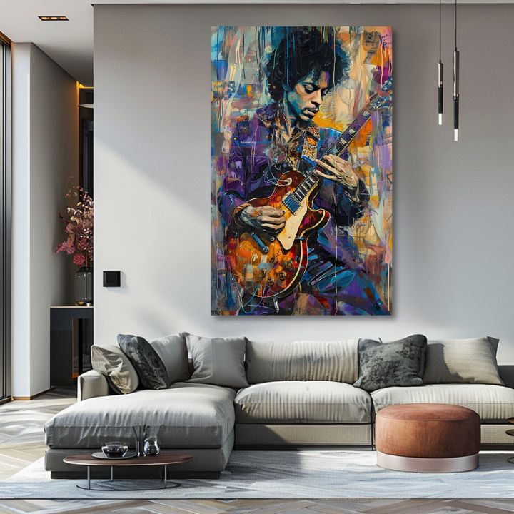 Модерна картина на платно с мотив Jimi Hendrix - Gitara v plameňoch в виолетово-бяло нюанси, енергична атмосфера, креативност | Картина Jimi Hendrix - Gitara v plameňoch – продукт