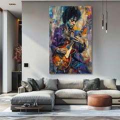 Модерна картина на платно с мотив Jimi Hendrix - Gitara v plameňoch в виолетово-бяло нюанси, енергична атмосфера, креативност | Картина Jimi Hendrix - Gitara v plameňoch – продукт
