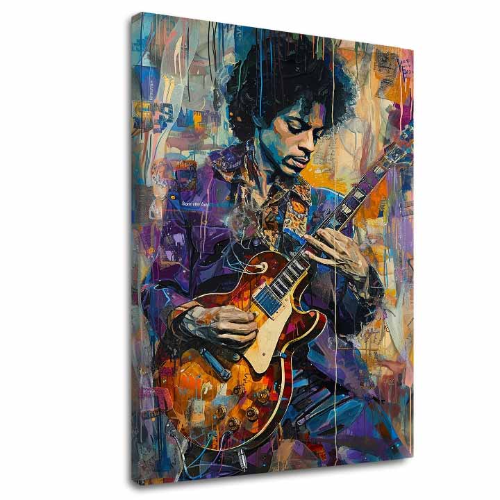 Модерна картина на платно с мотив Jimi Hendrix - Gitara v plameňoch в виолетово-бяло нюанси, енергична атмосфера, креативност | Картина Jimi Hendrix - Gitara v plameňoch – основна