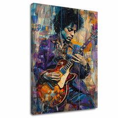 Модерна картина на платно с мотив Jimi Hendrix - Gitara v plameňoch в виолетово-бяло нюанси, енергична атмосфера, креативност | Картина Jimi Hendrix - Gitara v plameňoch – основна