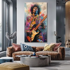 Модерна картина на платно с мотив Jimi Hendrix - Ohnivé tóny в черно-жълто нюанси, енергична атмосфера, рок енд рол и креативност | Картина Jimi Hendrix - Ohnivé tóny – продукт