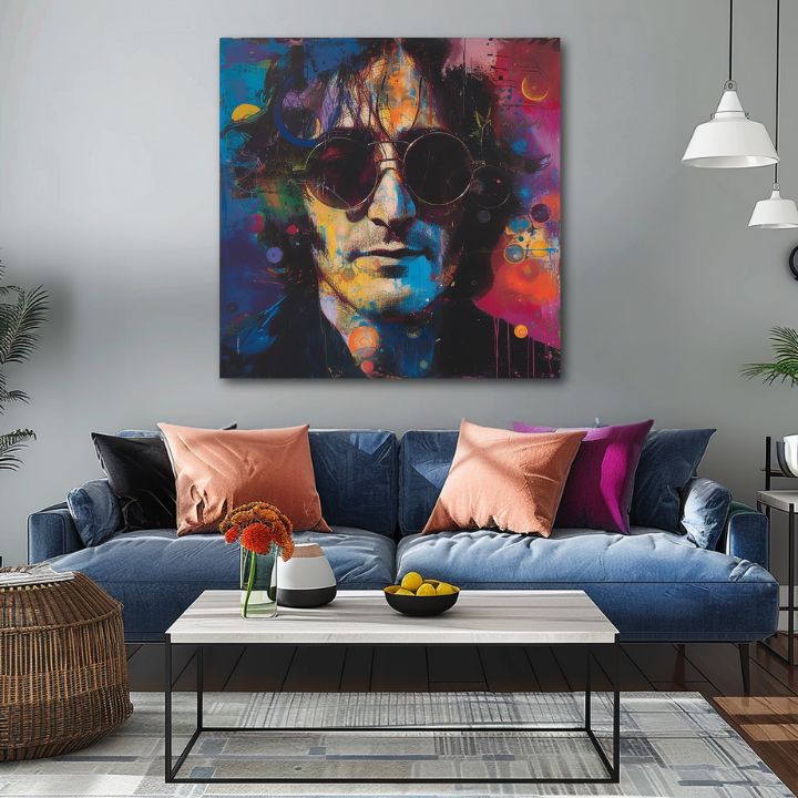 Модерна картина на платно с мотив John Lennon - Farebné predstavy в синьо-черно нюанси, енергична атмосфера, рок енд рол и поп култура – продукт, изглед 2