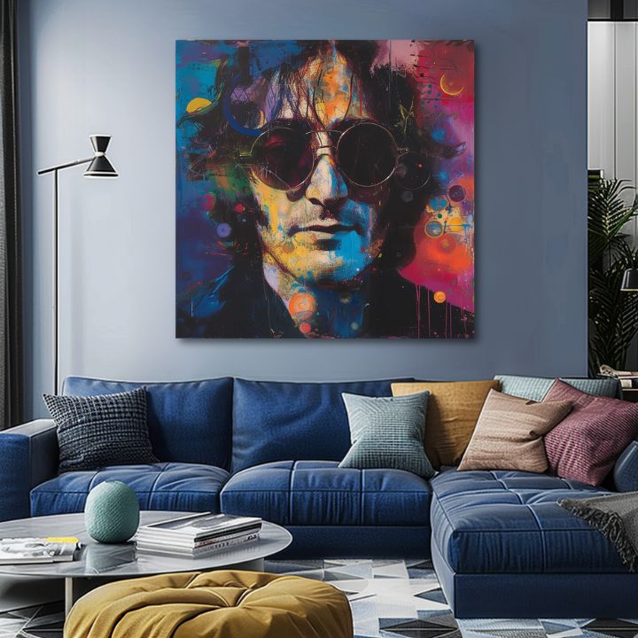 Модерна картина на платно с мотив John Lennon - Farebné predstavy в синьо-черно нюанси, енергична атмосфера, рок енд рол и поп култура – продукт