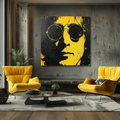 Модерна картина на платно с мотив John Lennon - Žltý отражение reality в черно-жълто нюанси, смела атмосфера, иконография | Картина John Lennon - Žltý отражение reality – продукт