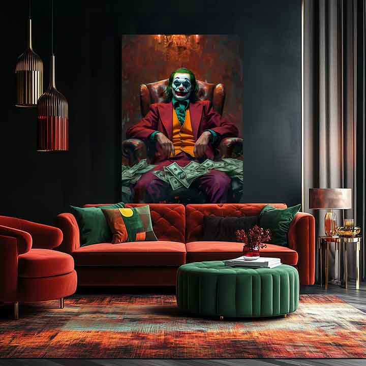 Модерна картина на платно с мотив Joker: Pán chaosu в зелено-златно нюанси, интензивна атмосфера, сила и мощ | Картина Joker: Pán chaosu – продукт