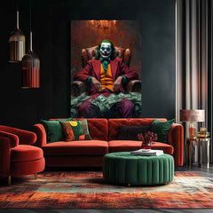 Модерна картина на платно с мотив Joker: Pán chaosu в зелено-златно нюанси, интензивна атмосфера, сила и мощ | Картина Joker: Pán chaosu – продукт