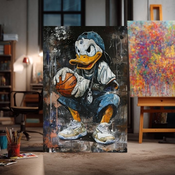 Модерна картина на платно с мотив LeBron Duck na платно в бяло нюанси, градска атмосфера, поп култура и носталгия | Картина LeBron Duck na платно – продукт, изглед 3