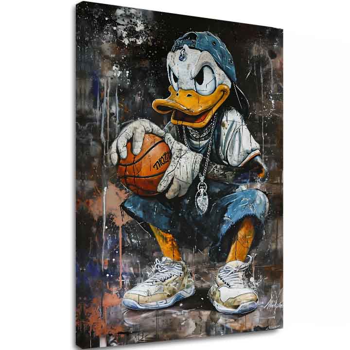 Модерна картина на платно с мотив LeBron Duck na платно в бяло нюанси, градска атмосфера, поп култура и носталгия | Картина LeBron Duck na платно – основна