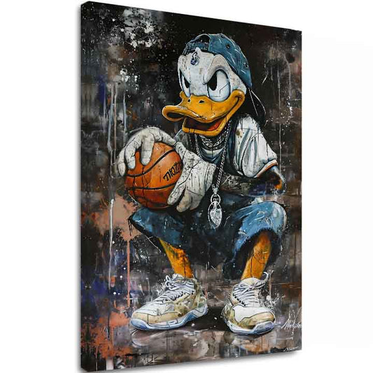 Модерна картина на платно с мотив LeBron Duck na платно в бяло нюанси, градска атмосфера, поп култура и носталгия | Картина LeBron Duck na платно – основна