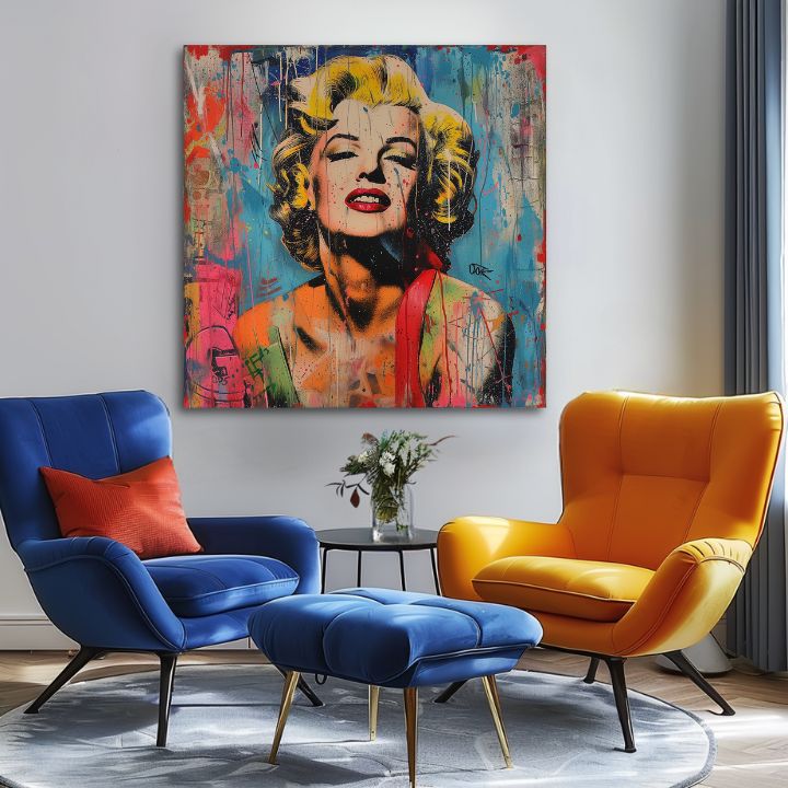 Модерна картина на платно с мотив Marilyn Monroe - Rebelka vo farbách в жълто-червено нюанси, енергична атмосфера, слава и иконография | Картина Marilyn Monroe - Rebelka vo farbách – pr..., изглед 2