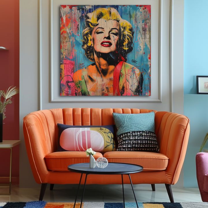 Модерна картина на платно с мотив Marilyn Monroe - Rebelka vo farbách в жълто-червено нюанси, енергична атмосфера, слава и иконография | Картина Marilyn Monroe - Rebelka vo farbách – продукт