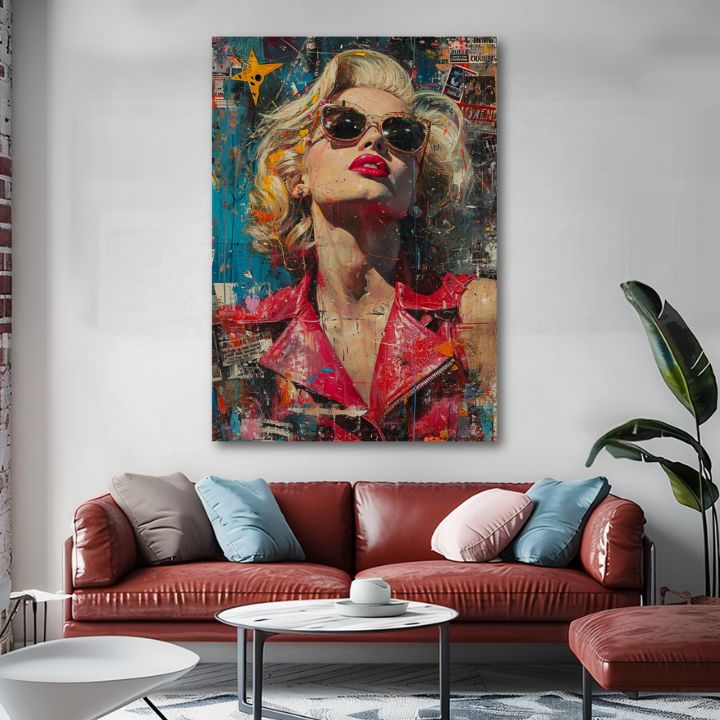 Модерна картина на платно с мотив Marilyn Monroe - Ikona v žiari svetiel в червено-синьо нюанси, слава и иконография | Картина Marilyn Monroe - Ikona v žiari svetiel – продукт