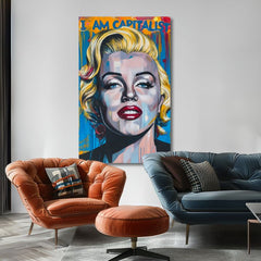 Модерна картина на платно с мотив Marilyn Monroe - Kapitalistický šarm в златно-червено нюанси, смела атмосфера, слава | Картина Marilyn Monroe - Kapitalistický šarm – продукт, изглед 2