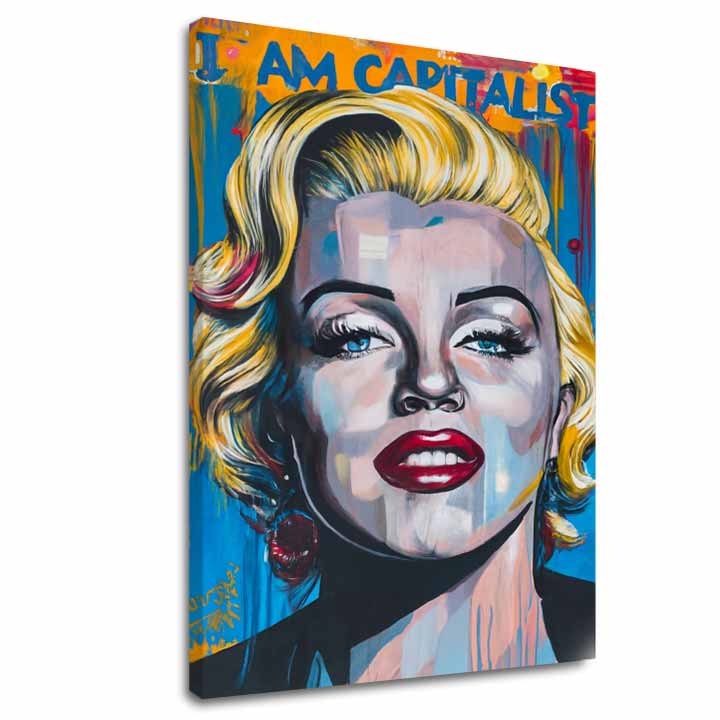 Модерна картина на платно с мотив Marilyn Monroe - Kapitalistický šarm в златно-червено нюанси, смела атмосфера, слава | Картина Marilyn Monroe - Kapitalistický šarm – основна