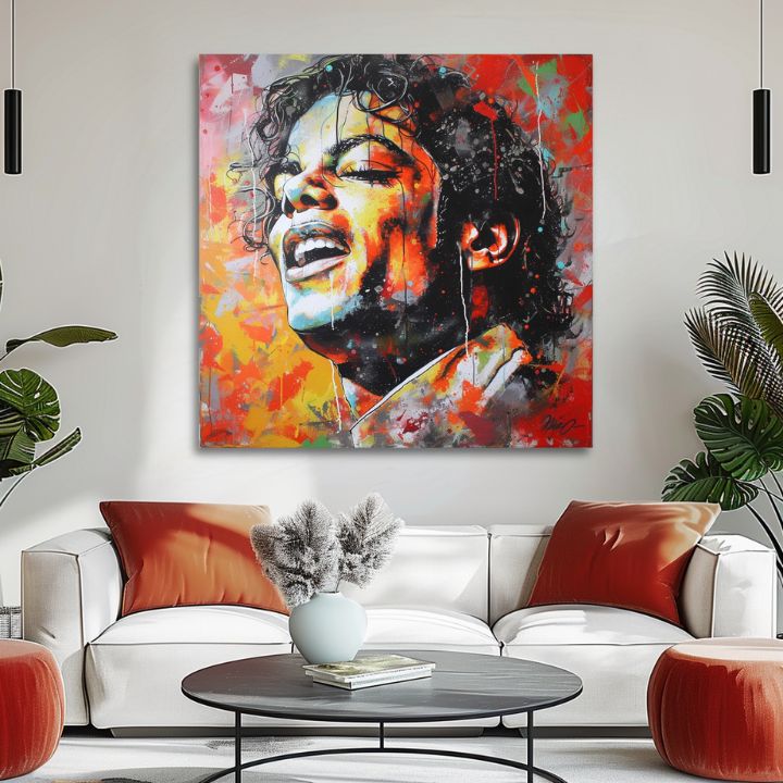 Модерна картина на платно с мотив Michael Jackson - Hlas generácií в червено-златно нюанси, енергична атмосфера | Картина Michael Jackson - Hlas generácií – продукт