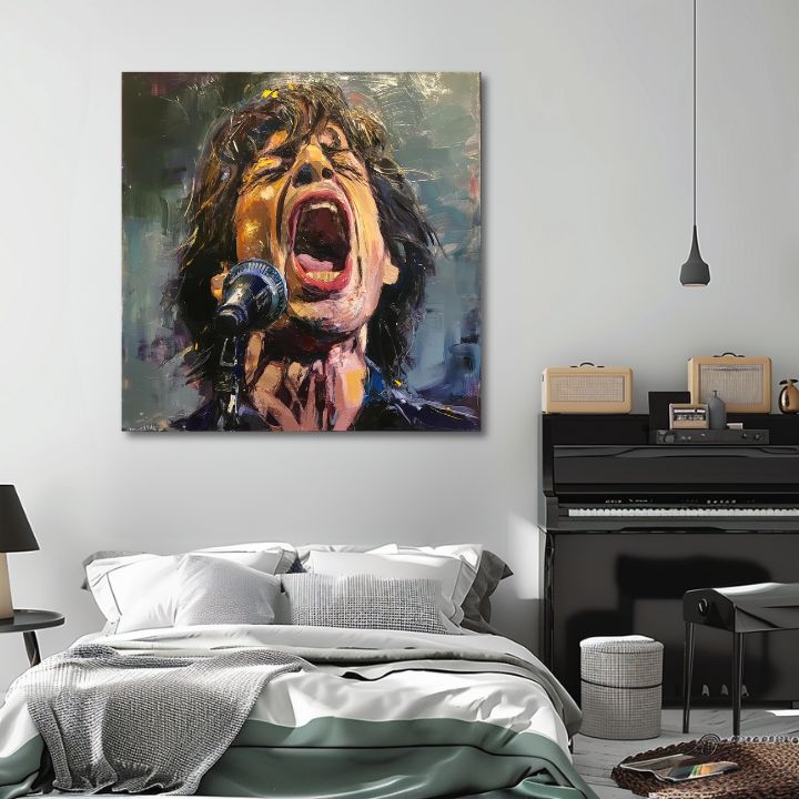 Модерна картина на платно с мотив Mick Jagger - Legenda na pódiu, микрофон в червено нюанси, страстна атмосфера, страст | Картина Mick Jagger - Legenda na pódiu – продукт, изглед 2