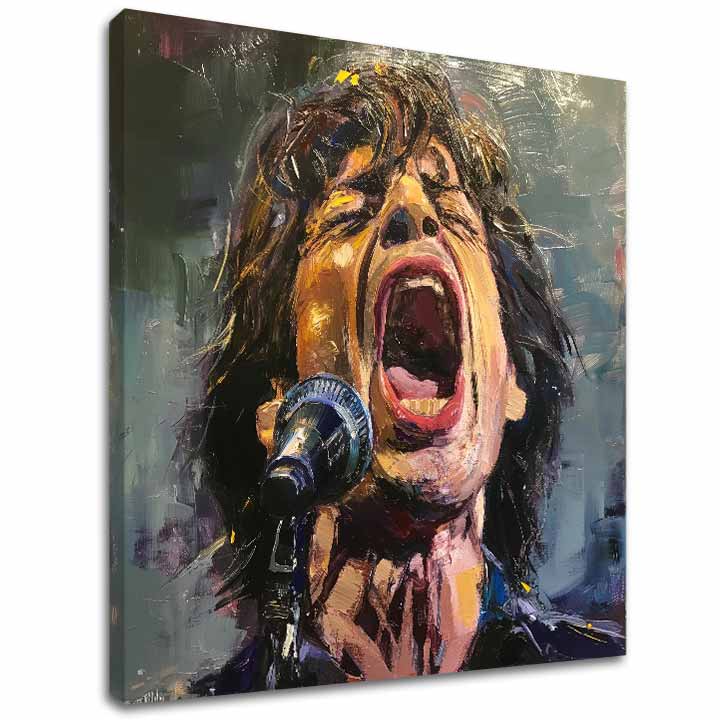 Модерна картина на платно с мотив Mick Jagger - Legenda na pódiu, м��крофон в червено нюанси, страстна атмосфера, страст | Картина Mick Jagger - Legenda na pódiu – основна