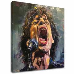 Модерна картина на платно с мотив Mick Jagger - Legenda na pódiu, м��крофон в червено нюанси, страстна атмосфера, страст | Картина Mick Jagger - Legenda na pódiu – основна