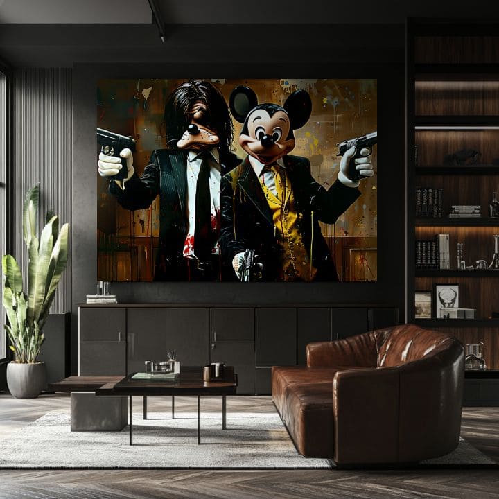 Модерна картина на платно с мотив Mickey and the Mobster в черно-кафяво нюанси, дръзка атмосфера, поп култура | Картина Mickey and the Mobster – продукт