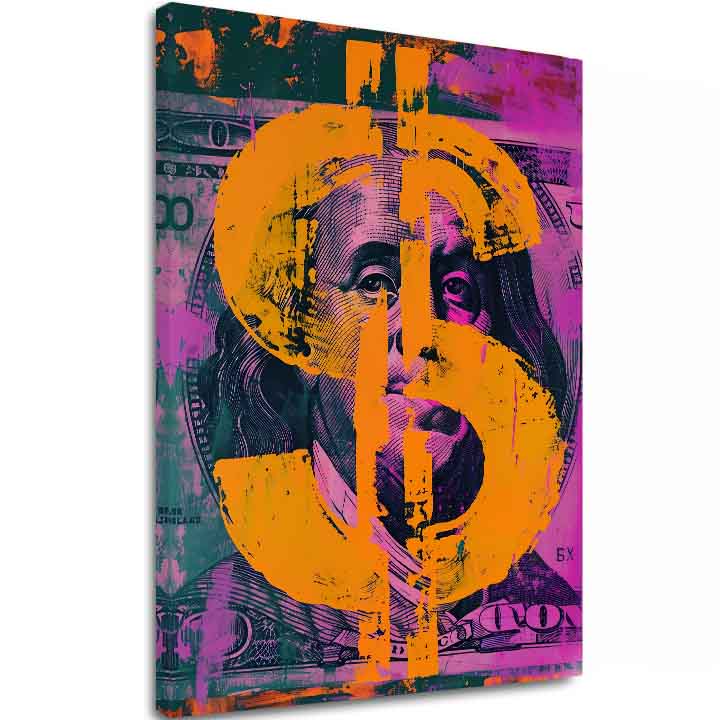 Модерна картина на платно с мотив Money Benjamin na платно в оранжево-тюркоазено нюанси, смела атмосфера | Картина Money Benjamin na платно – основна