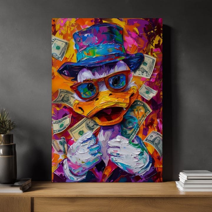 Модерна картина на платно с мотив Money Duck, очила в оранжево-виолетово нюанси, енергична атмосфера, поп култура | Картина Money Duck – продукт, изглед 3