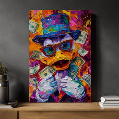 Модерна картина на платно с мотив Money Duck, очила в оранжево-виолетово нюанси, енергична атмосфера, поп култура | Картина Money Duck – продукт, изглед 3