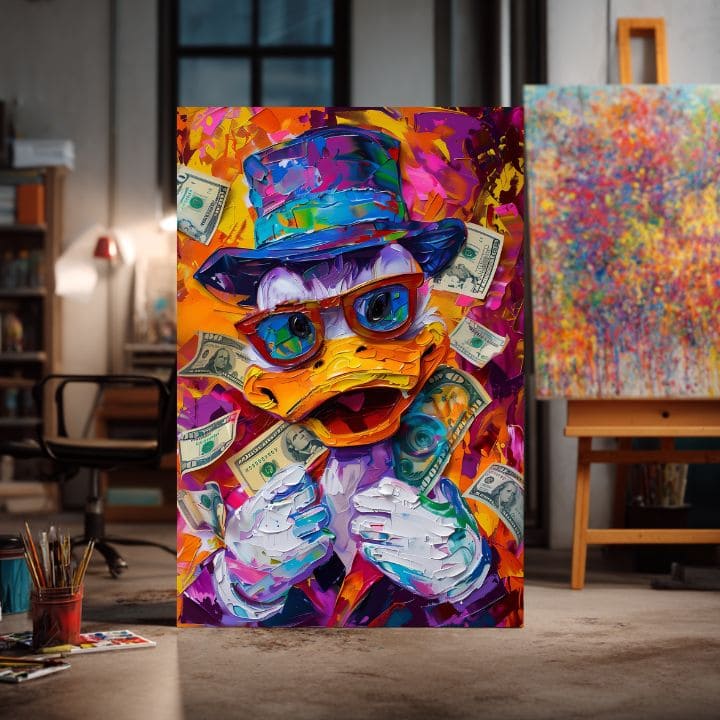 Модерна картина на платно с мотив Money Duck, очила в оранжево-виолетово нюанси, енергична атмосфера, поп култура | Картина Money Duck – продукт