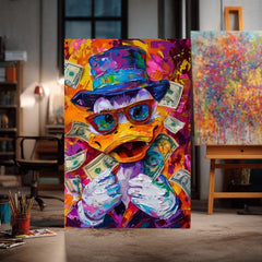 Модерна картина на платно с мотив Money Duck, очила в оранжево-виолетово нюанси, енергична атмосфера, поп култура | Картина Money Duck – продукт
