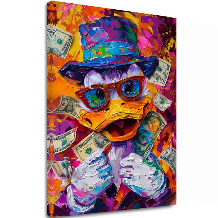 Модерна картина на платно с мотив Money Duck, очила в оранжево-виолетово нюанси, енергична атмосфера, поп култура | Картина Money Duck – основна