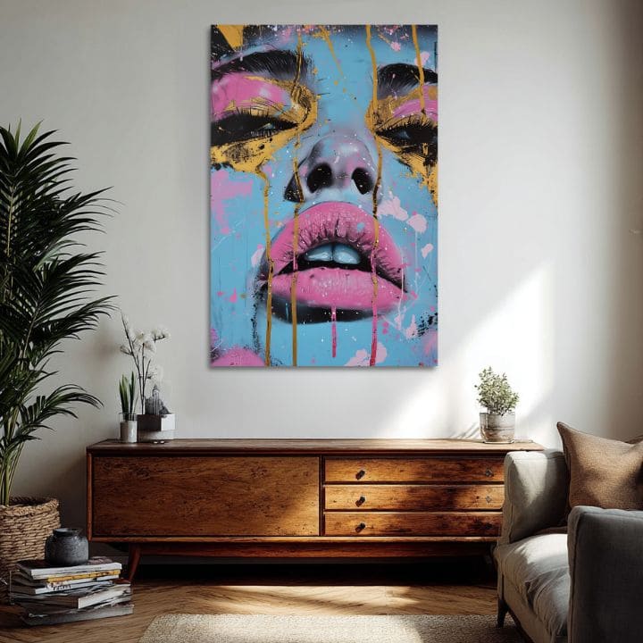 Ръчно рисувана картина на платно с мотив Neon Lips na платно в синьо-златно нюанси, смела атмосфера, красота | Картина Neon Lips na платно – продукт, изглед 2