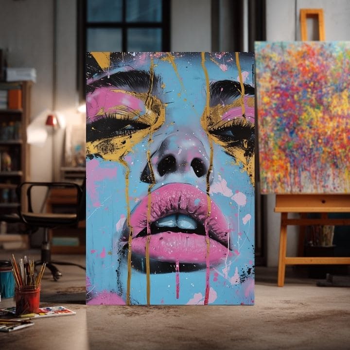 Ръчно рисувана картина на платно с мотив Neon Lips na платно в синьо-златно нюанси, смела атмосфера, красота | Картина Neon Lips na платно – продукт