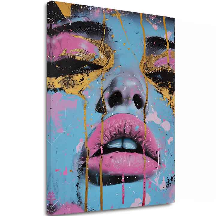 Ръчно рисувана картина на платно с мотив Neon Lips na платно в синьо-златно нюанси, смела атмосфера, красота | Картина Neon Lips na платно – основна