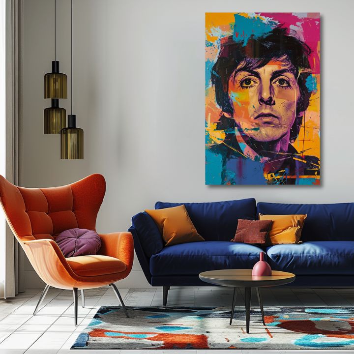 Ръчно рисувана картина на платно с мотив Paul McCartney - Beatlesovský génius в жълто-виолетово нюанси, енергична атмосфера | Картина Paul McCartney - Beatlesovský génius – продукт, изглед 2