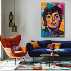 Ръчно рисувана картина на платно с мотив Paul McCartney - Beatlesovský génius в жълто-виолетово нюанси, енергична атмосфера | Картина Paul McCartney - Beatlesovský génius – продукт, изглед 2