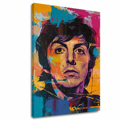 Ръчно рисувана картина на платно с мотив Paul McCartney - Beatlesovský génius в жълто-виолетово нюанси, енергична атмосфера | Картина Paul McCartney - Beatlesovský génius – основна