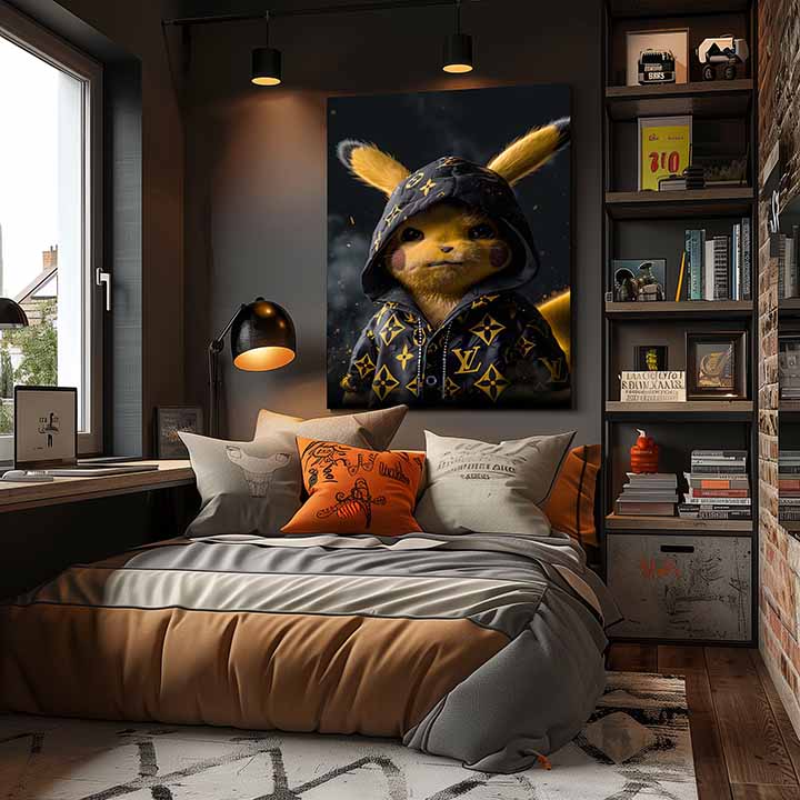 Модерна картина на платно с мотив Pikachu: Streetwear крал в черно-златно нюанси, поп култура | Картина Pikachu: Streetwear крал – продукт