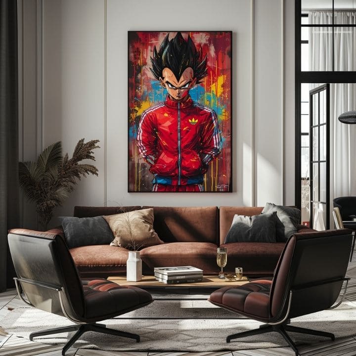 Ръчно рисувана картина на платно с мотив Saiyan: Sila bojovníka в червено-черно нюанси, интензивна атмосфера, поп култура и сила и мощ | Картина Saiyan: Sila bojovníka – продукт, изглед 3